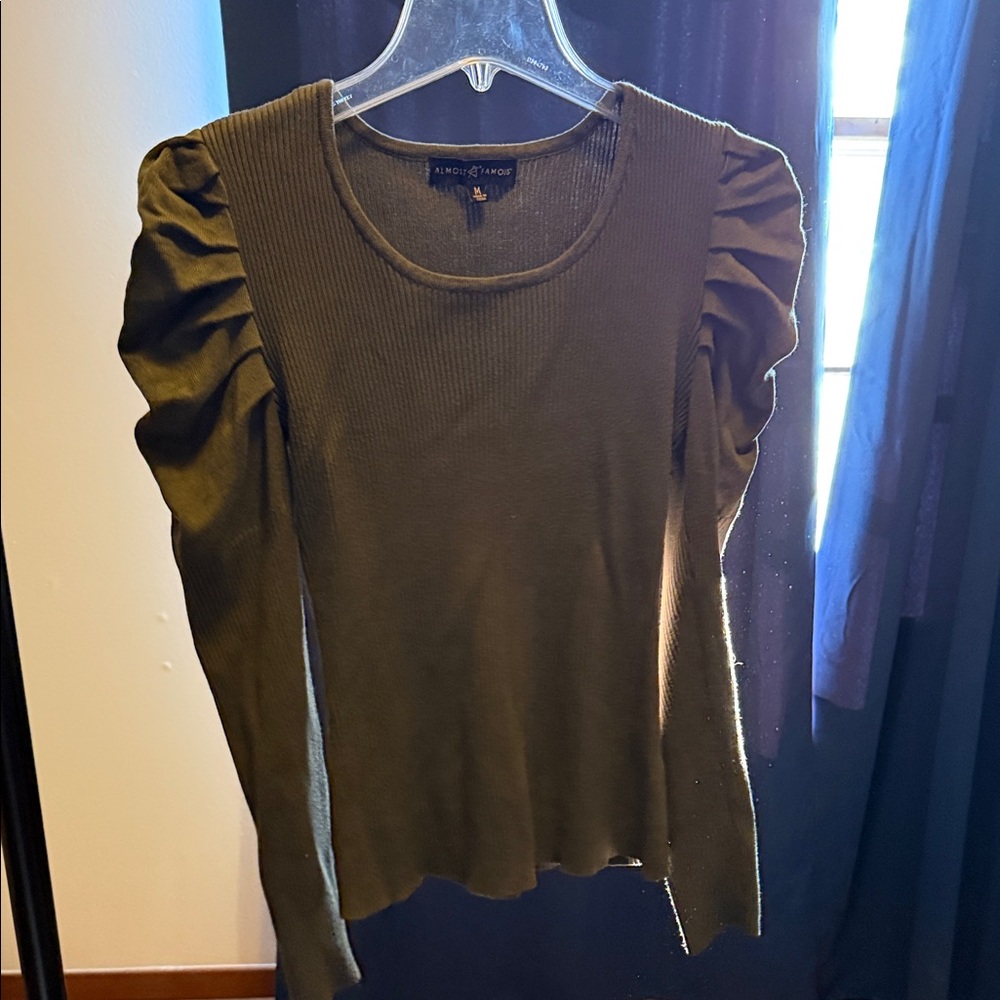 Zara Olive Long Sleeve Top with Puffed Sleeves